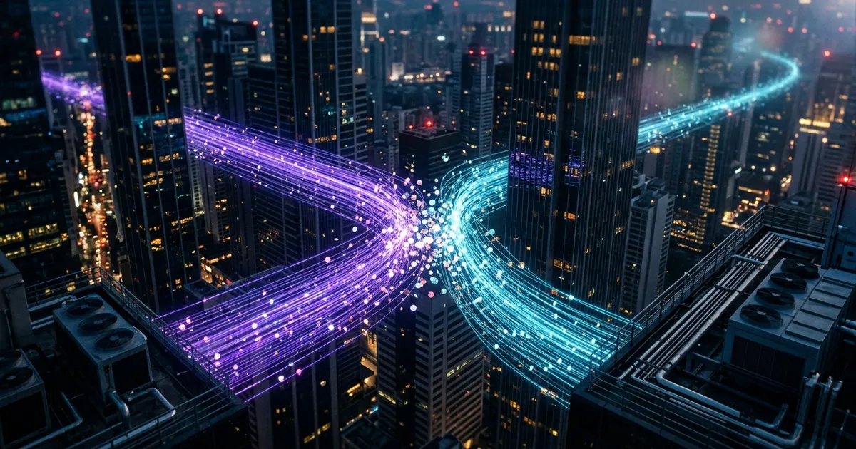 A city at night where streams of light, software agents, move between the towers and trade small glowing tokens.