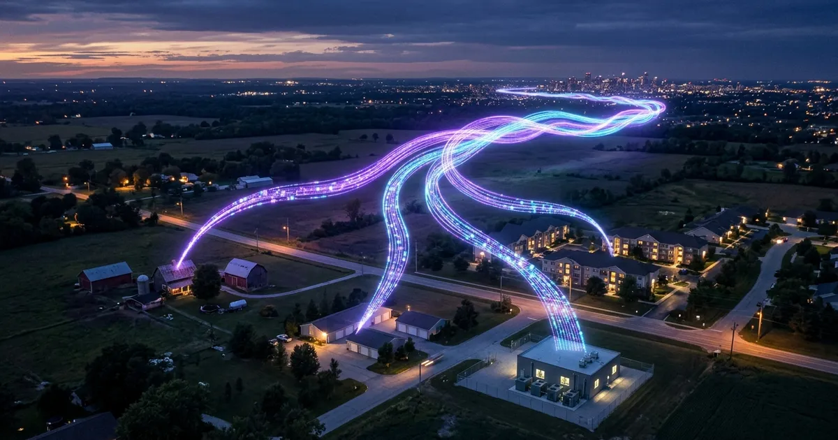 At dusk, light rises from homes, garages and a small data center and flows as one bright stream to a distant city.