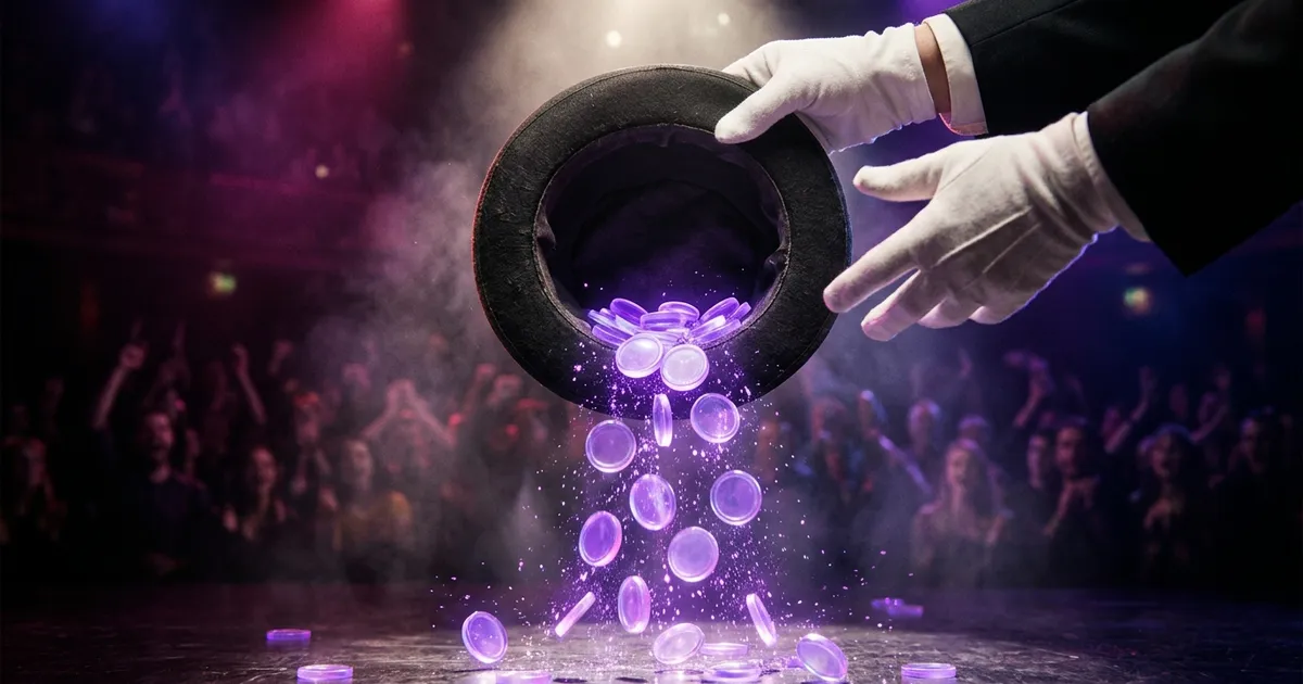 A magician's hands pour glowing tokens from a top hat that is plainly empty inside.