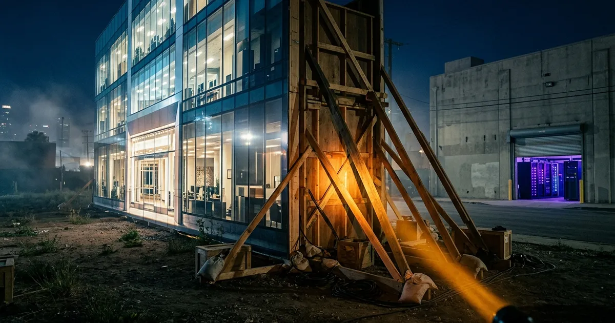 A dazzling glass headquarters turns out to be a propped-up film-set front, while real servers hum in a plain building across the street.