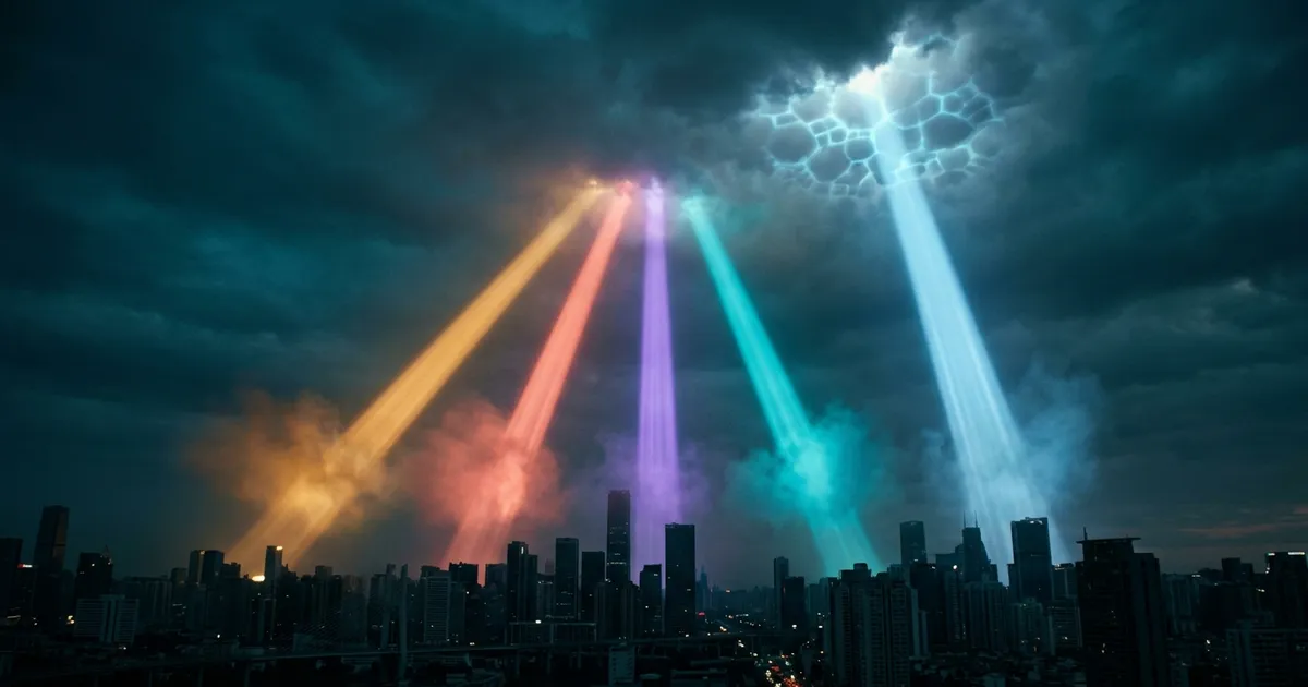 Five colored searchlight beams rise over a city at dusk; only one reaches a break in the clouds.