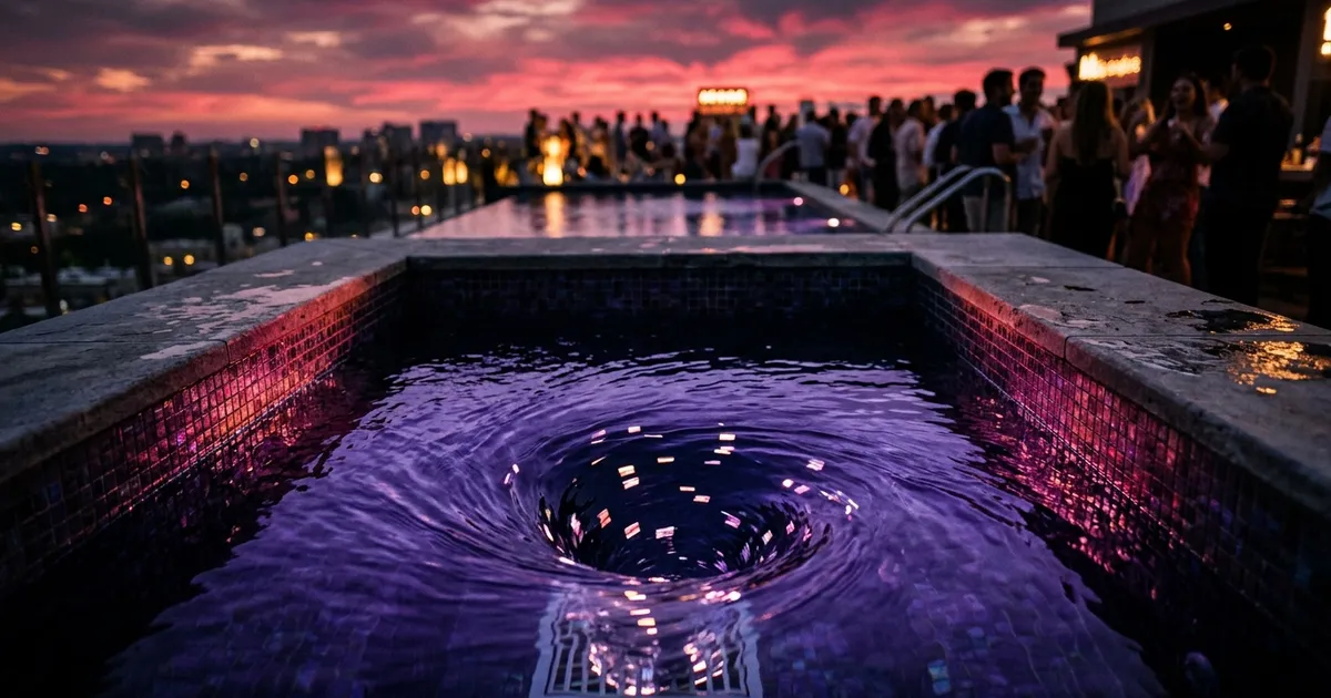 A rooftop pool at sunset drains fast through an open grate, its glowing water dropping while the party goes on behind.