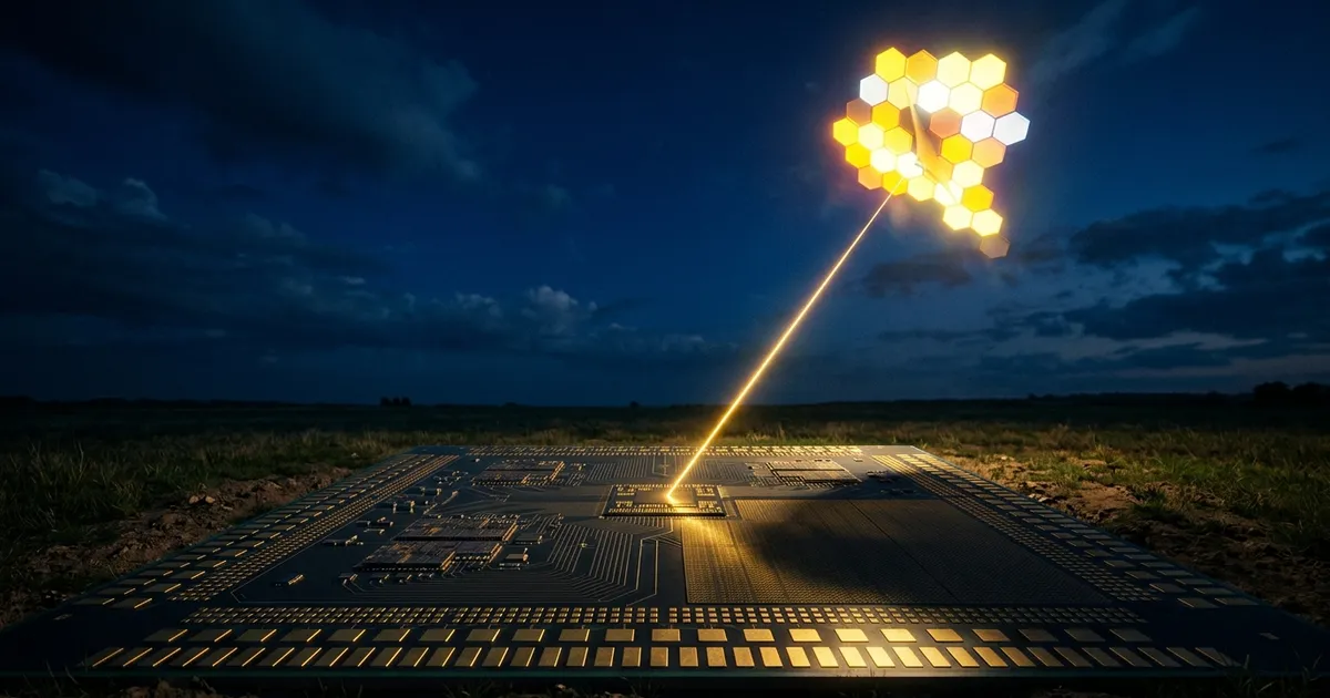 A glowing kite of linked blocks flies at night on a line tied to a giant microchip below, tipping as a shadow crosses the chip.