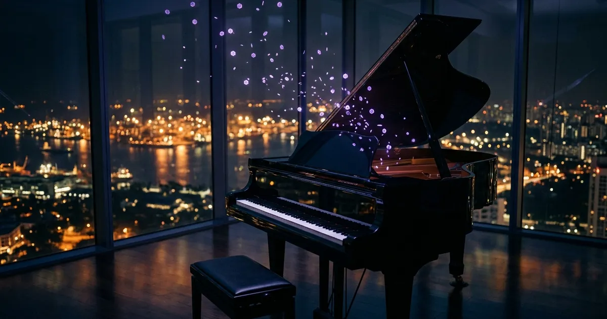 A grand piano plays itself in a dark penthouse above Singapore as glowing tokens rise from it.