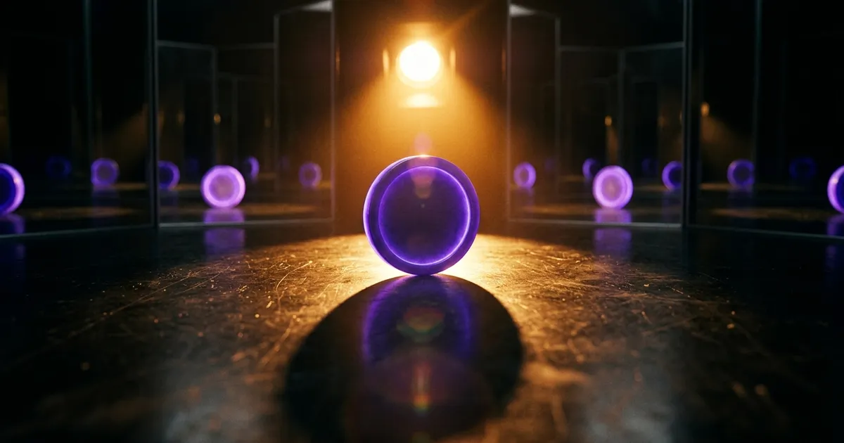 One real glowing token casts a shadow in a hall of mirrors full of shadowless copies.