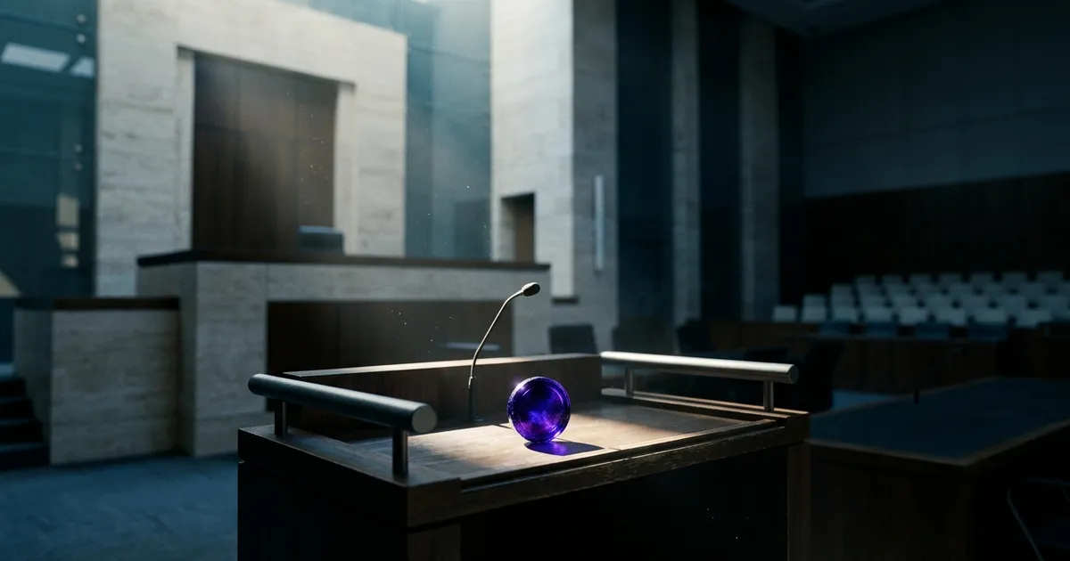 A glowing token sits alone in the witness stand of an empty modern courtroom, lit by a shaft of morning light.