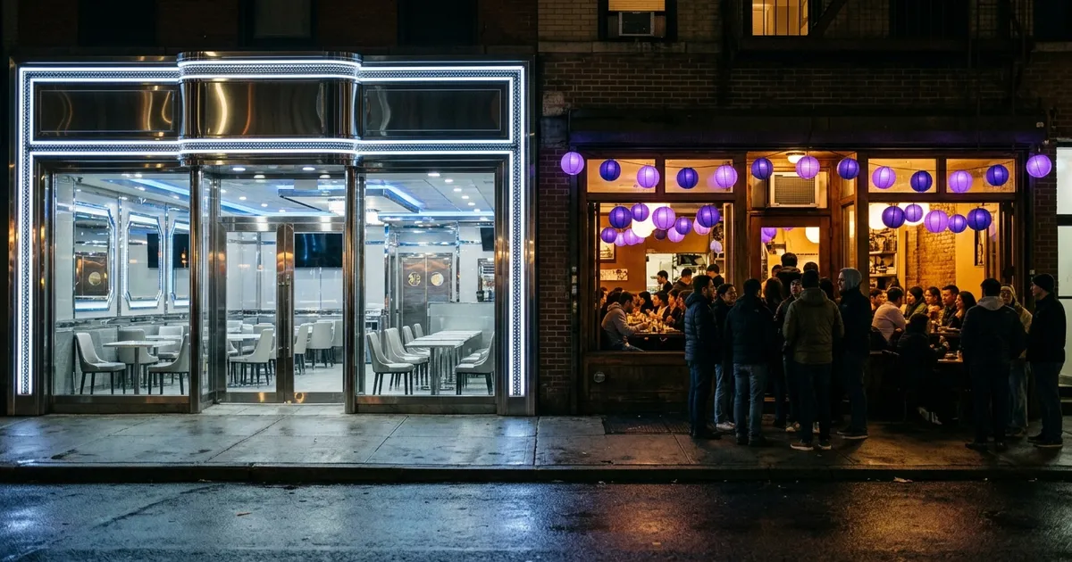 On a night street, a flashy empty restaurant sits next to a plain one packed with diners.