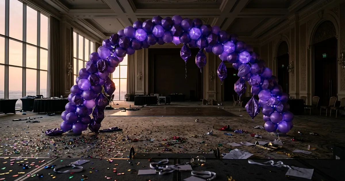 A sagging arch of half-popped violet balloons over an empty ballroom stage at dawn after the party.