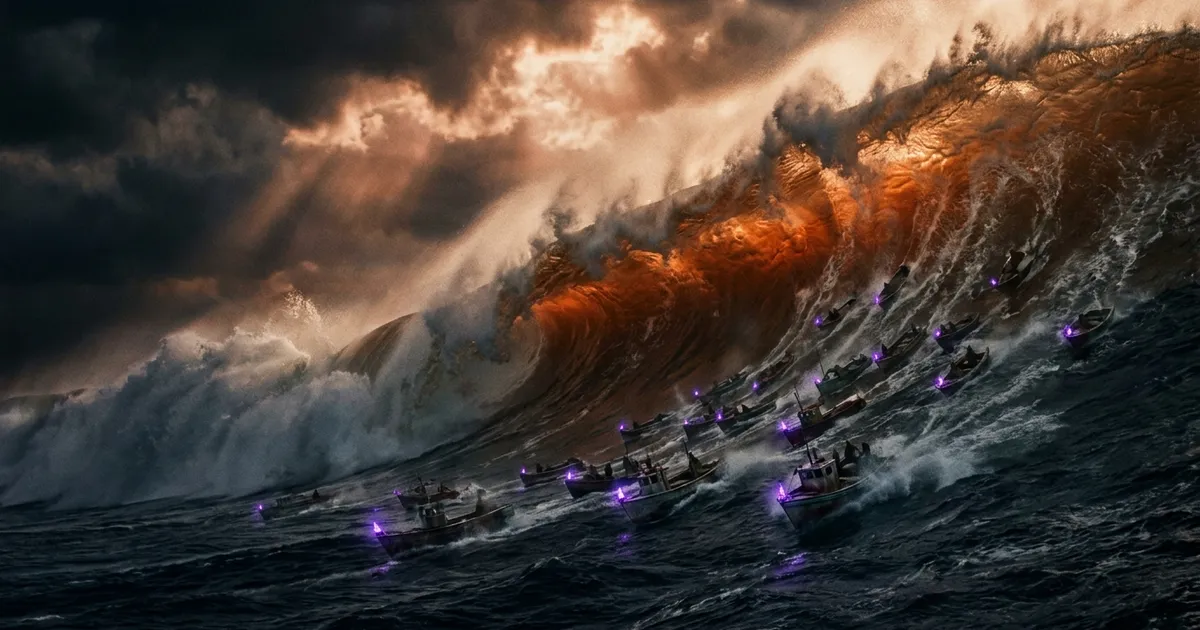 A huge orange-lit storm wave lifts and drops a fleet of small boats carrying glowing tokens.