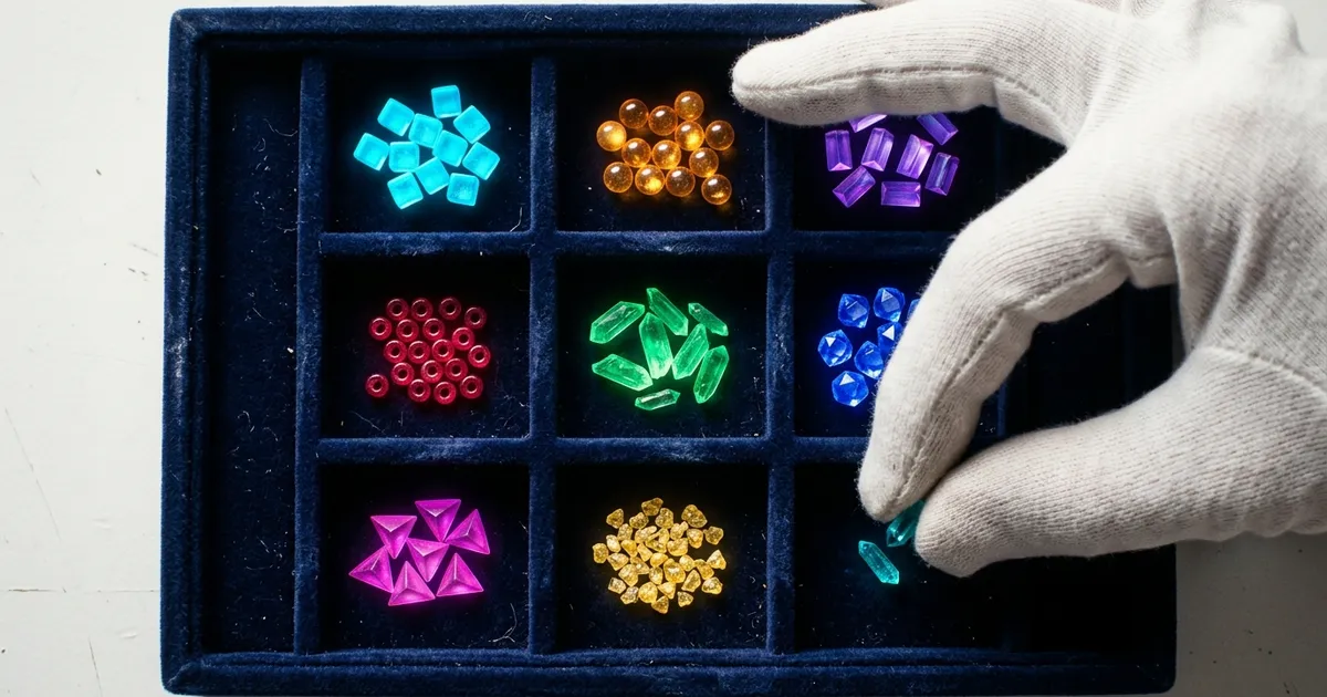 A velvet tray with nine compartments, each holding a different kind of glowing gem.