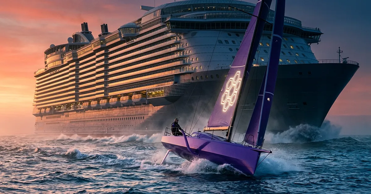 A small sailboat races alongside a towering ocean liner at dawn, gaining but far behind.