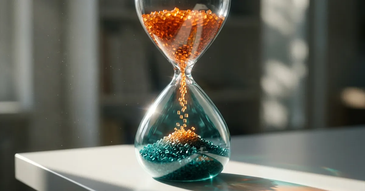 An hourglass holds tiny glowing blocks that change from hot orange to calm teal as they fall.