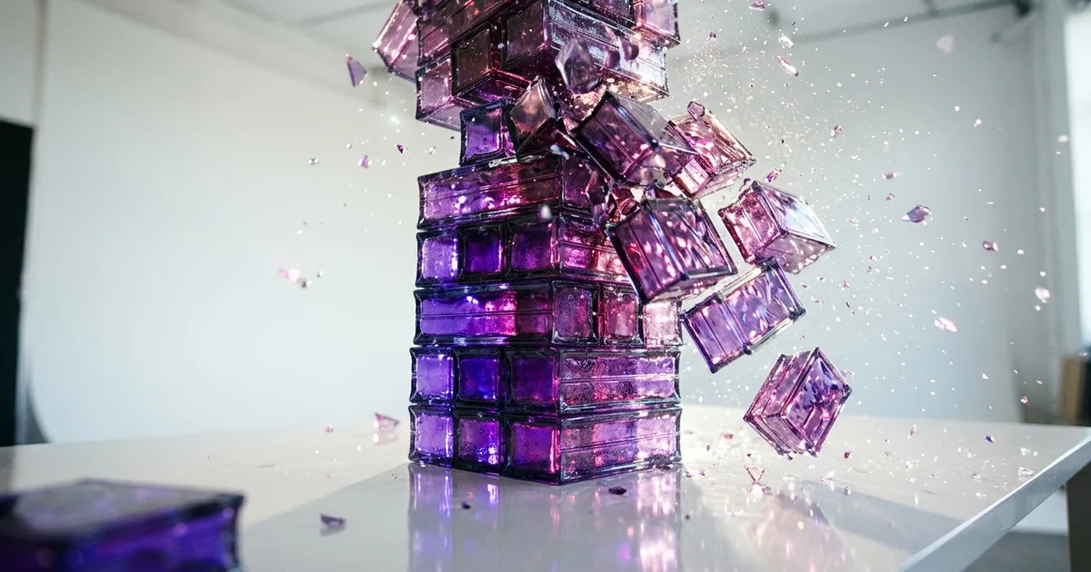 A tall stack of glowing glass blocks collapses in slow motion in a bright white studio.