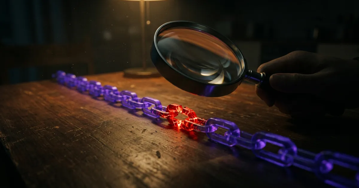 A magnifying glass hovers over one cracked, red-glowing link in a long chain of glowing blocks.