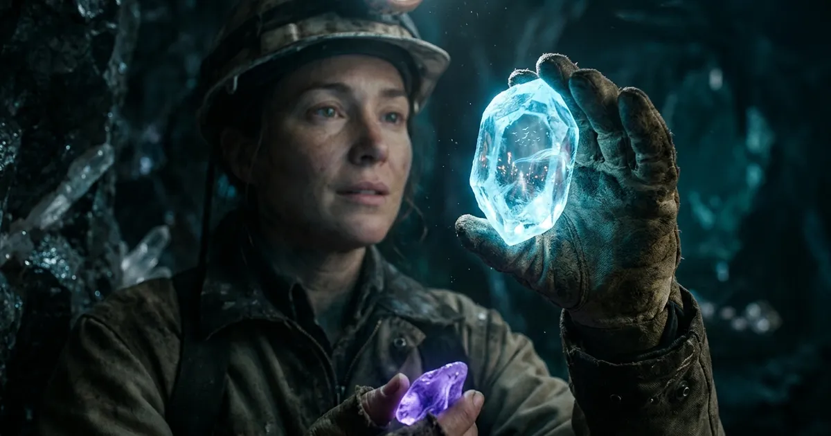 A miner holds up a glowing crystal with a tiny world inside it, a token in her other hand.