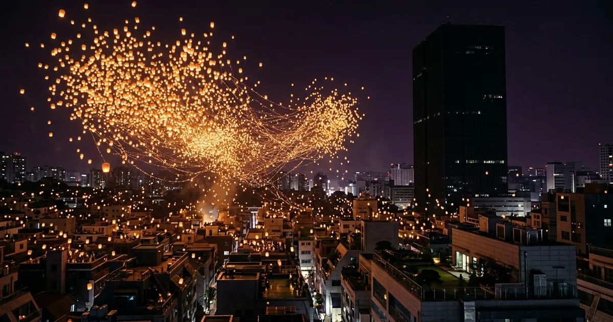 Thousands of lanterns rise from rooftops and join into one giant glowing shape beside a dark corporate tower.