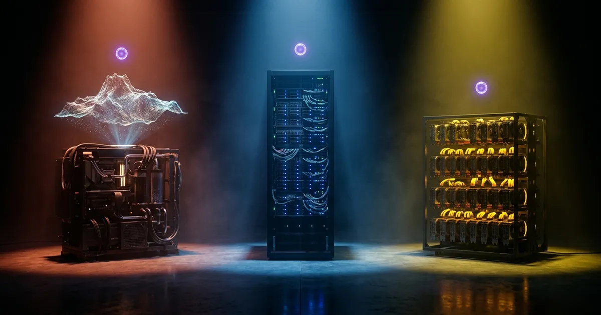 Three different computing machines stand side by side on a dark stage, each in its own colored light.