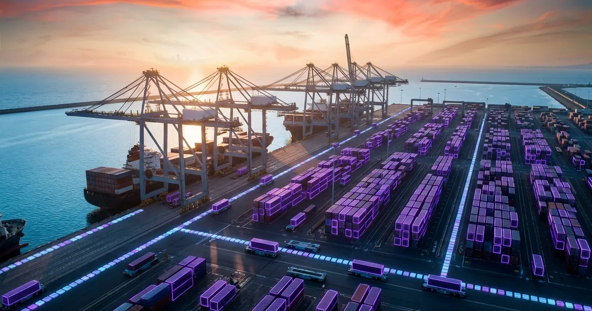 An automated port at dawn where cranes and driverless trucks move glowing containers with no people anywhere.