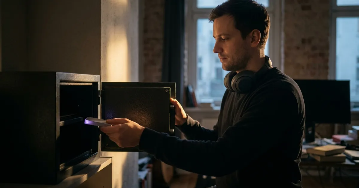 A man places a glowing hardware wallet into his home safe at dawn, taking custody of his own crypto.