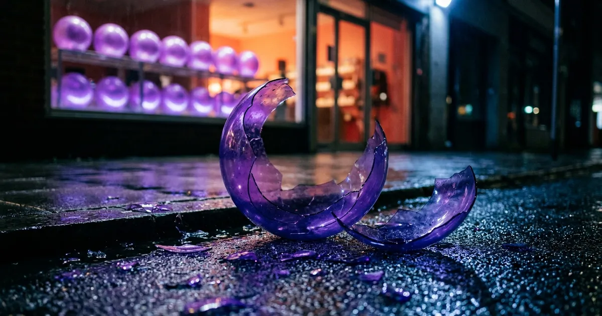 A glowing sphere lies cracked open and hollow on wet pavement while identical ones shine in a shop window.