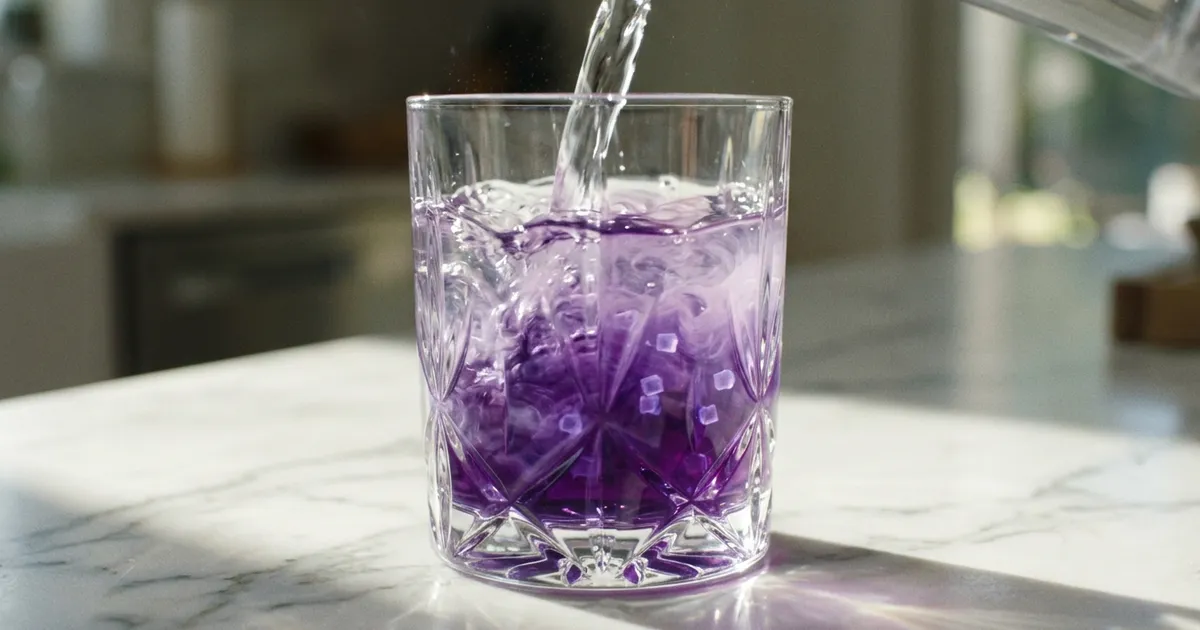 Clear water pours into a glass of glowing violet liquid, visibly diluting its color.