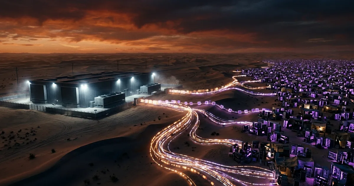 At dusk, a sleek data-center fortress faces thousands of glowing home GPU rigs across a desert.