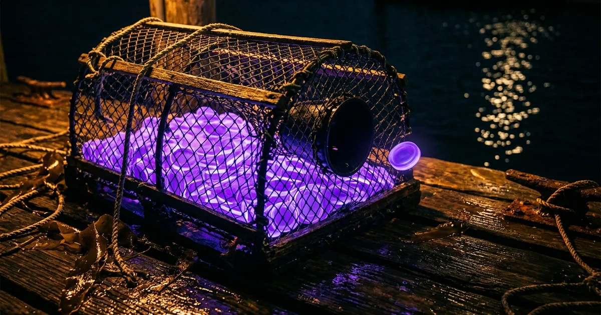 A glowing lobster trap on a dark dock holds dozens of tokens that got in but can't get out.