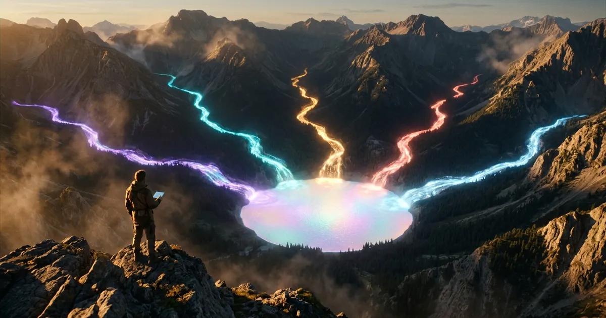 Five rivers of colored light flow from mountain valleys into one glowing round lake as an analyst watches.