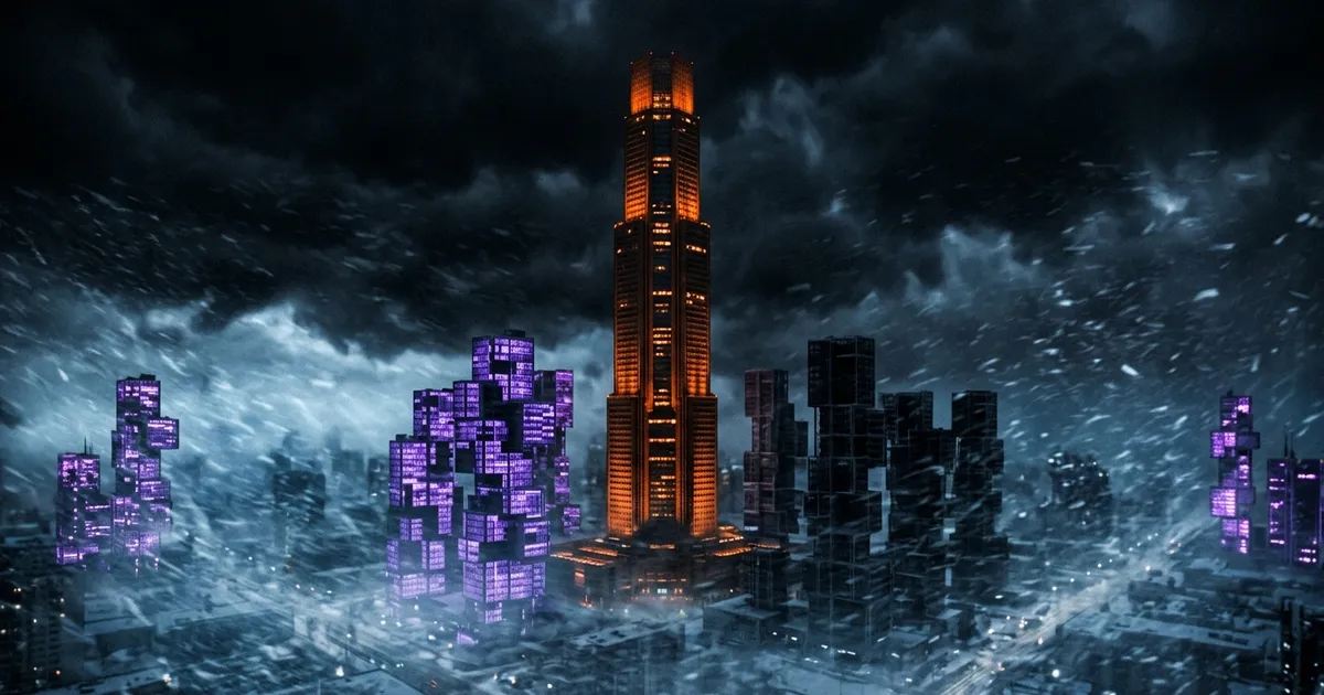 In a blizzard, a city's smaller towers go dark one by one while the tallest stays lit.