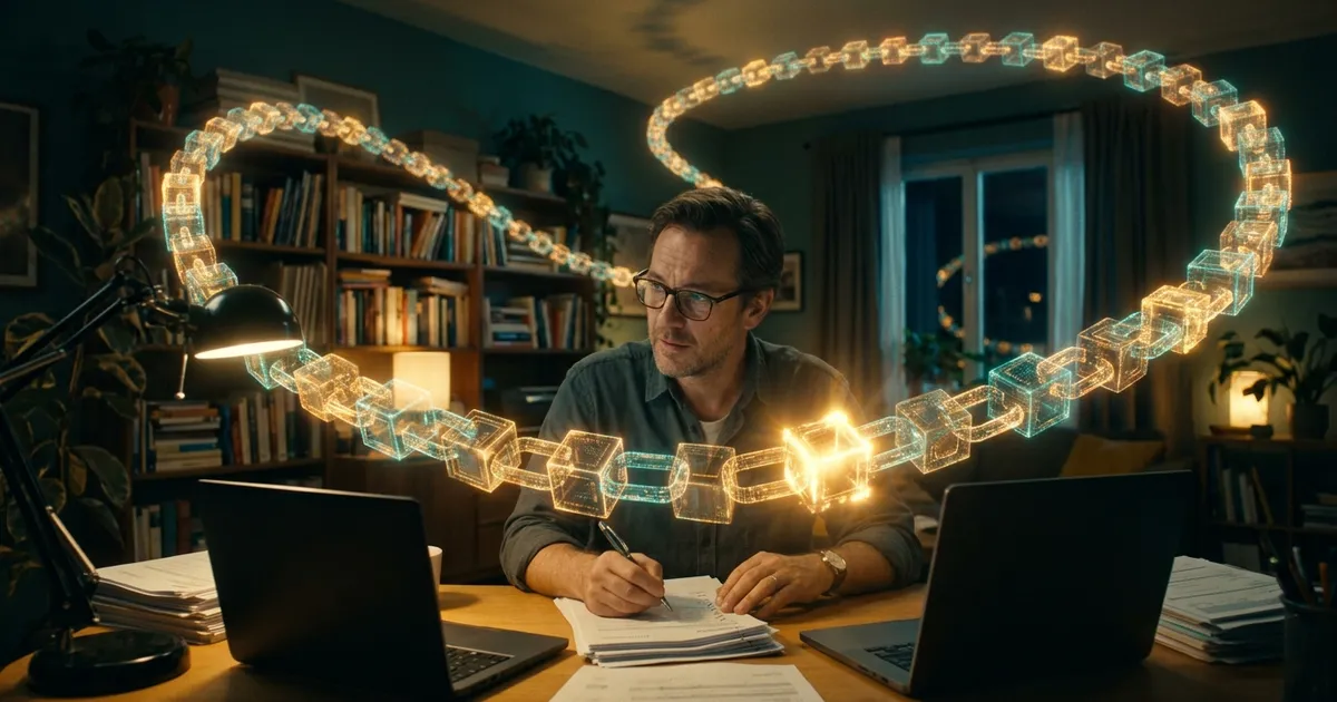 A glowing chain of a year's crypto trades loops around a home office as a man works through his tax forms.