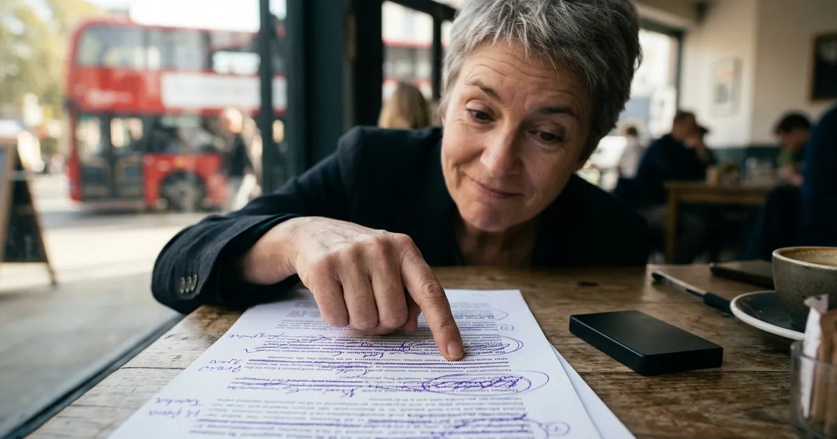 A researcher at a London café marks up a printed whitepaper in violet ink, a hardware wallet by her coffee.