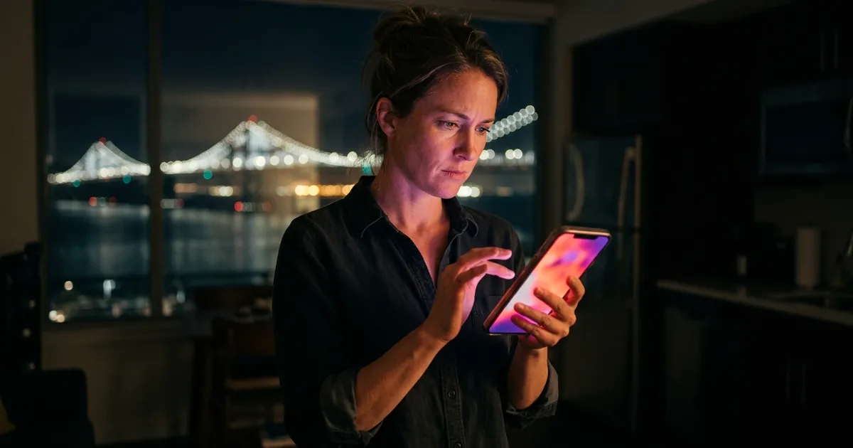 A large fishing hook dangles in front of a dazzling phone screen as a skeptical woman looks on.