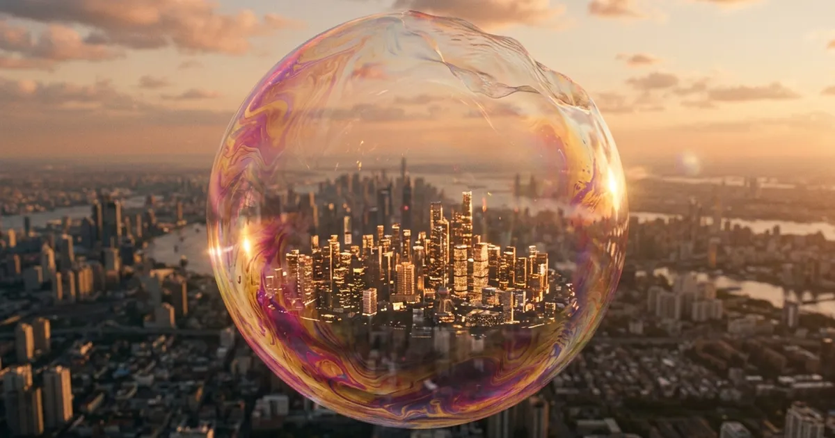 A giant soap bubble holding a glowing miniature city floats over a skyline at golden hour, stretching thin.