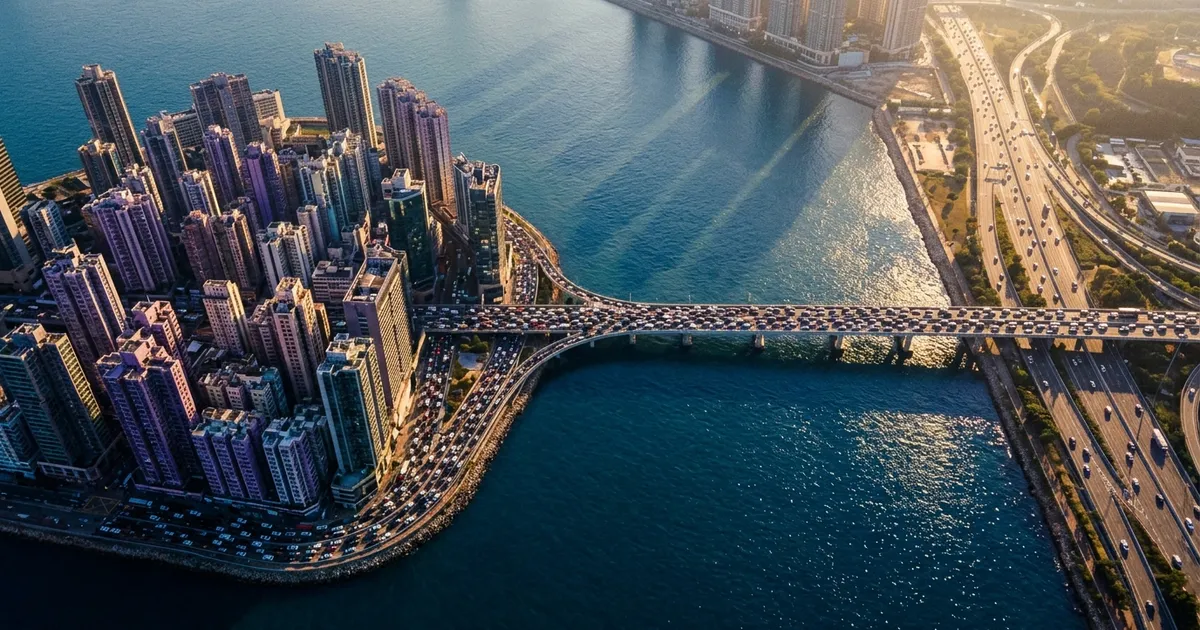 Aerial view of an island city where every car tries to leave across one narrow bridge at once.
