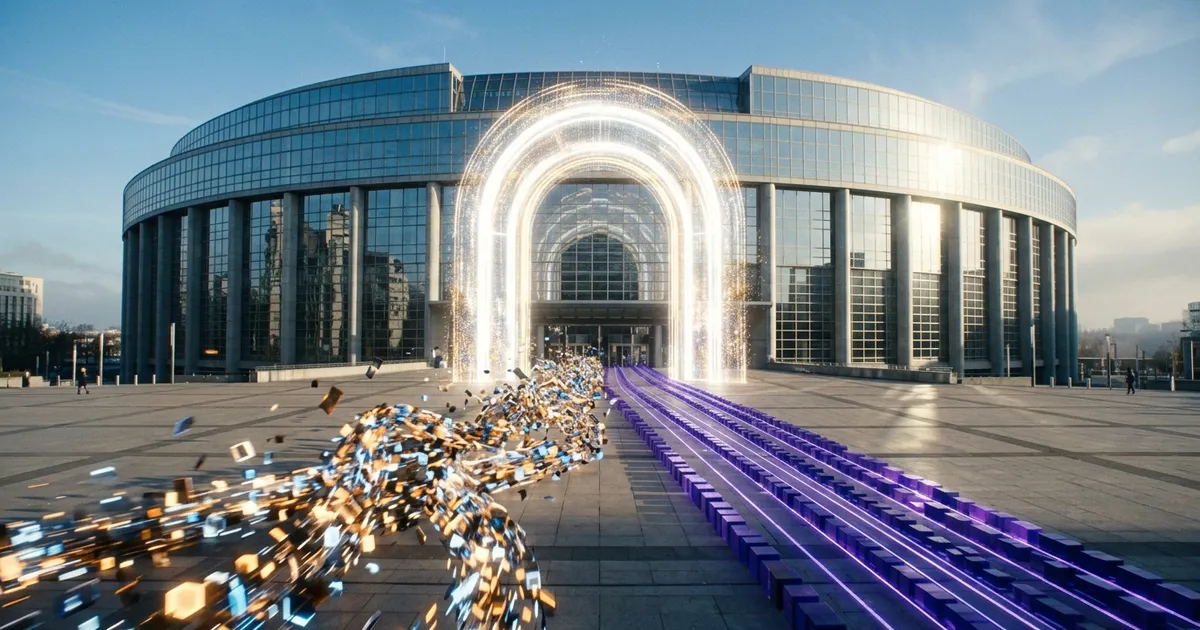 Tangled streams of glowing blocks pass through an arch outside the European Parliament and emerge in orderly lanes.
