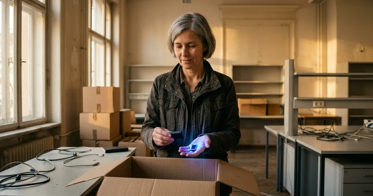 A grey-haired researcher lifts a glowing hardware wallet out of a moving box in an emptied Berlin lab at golden hour.