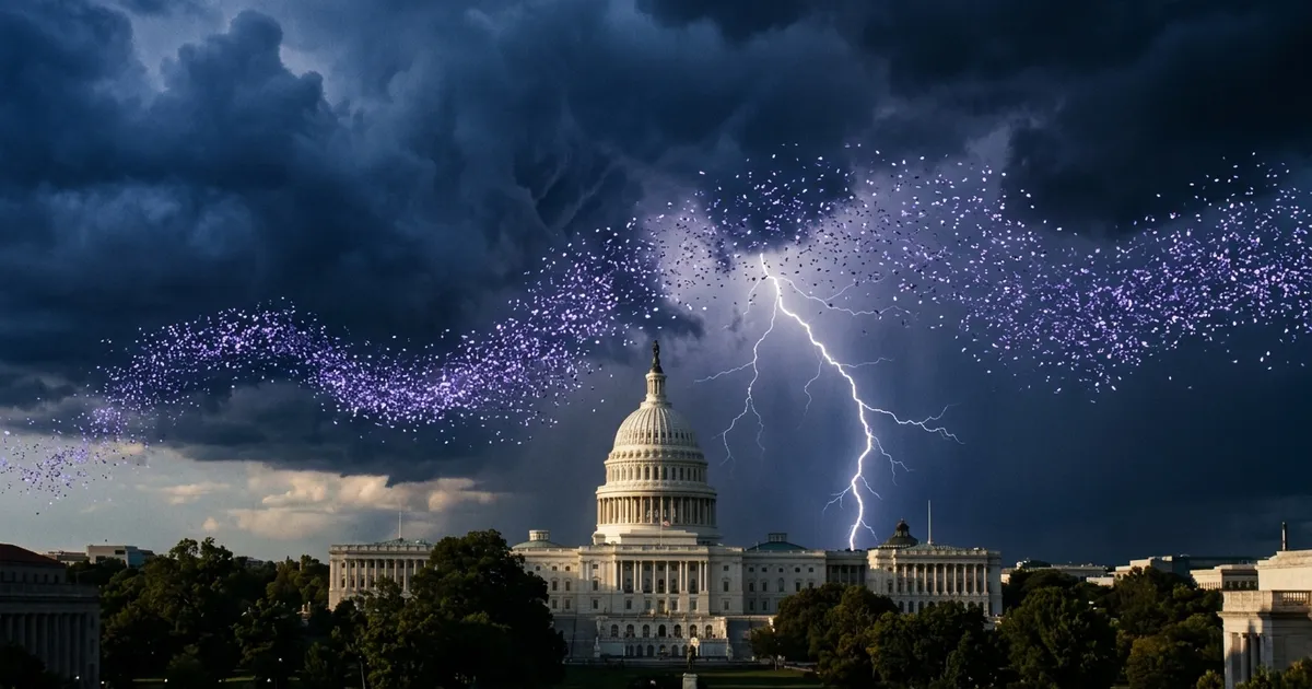 Lightning strikes over the U.S. Capitol as a flock of glowing tokens swerves across the sky.