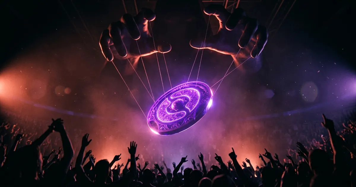 A glowing token dances on marionette strings worked by giant hands above a cheering crowd.