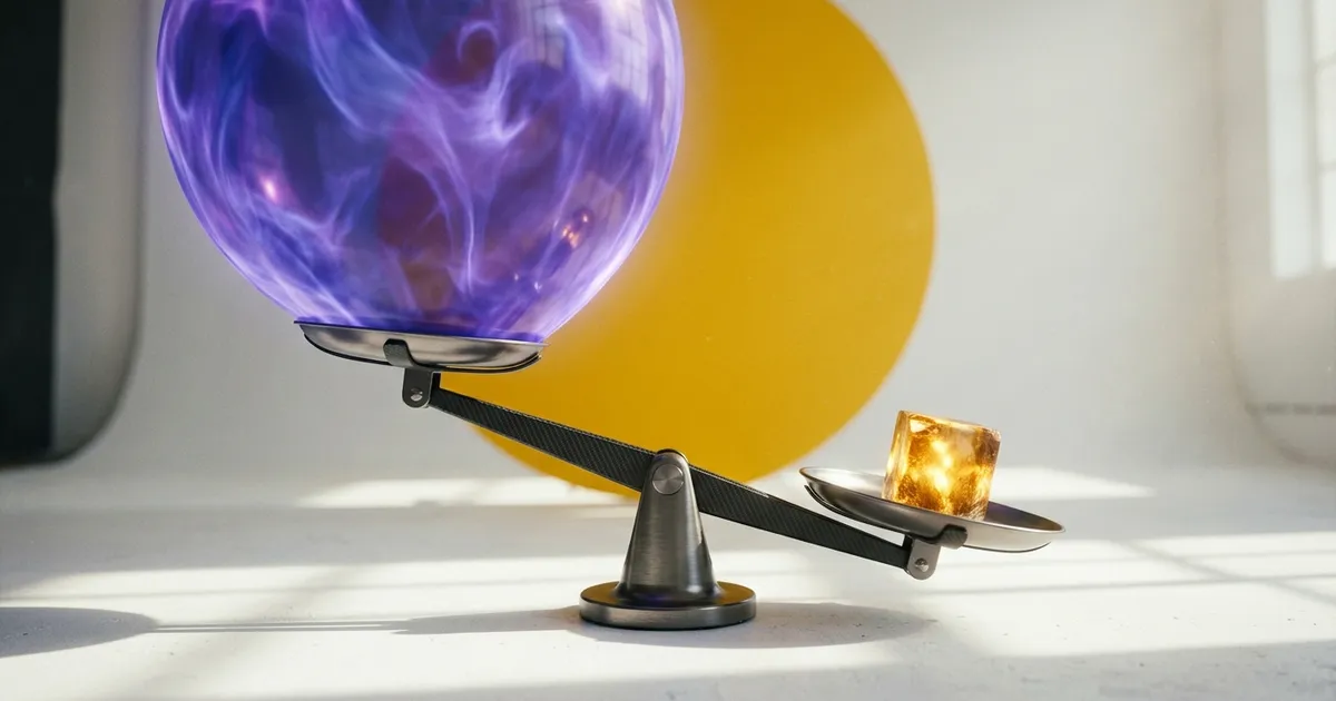 A balance scale where a small dense crystal block outweighs a huge glowing balloon.