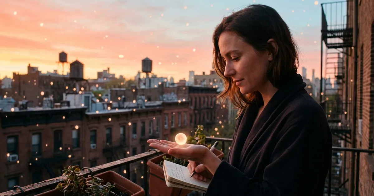 Glowing tokens drift down at dawn over Brooklyn rooftops as a woman catches some and writes them down.