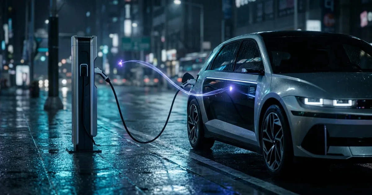 A driverless taxi pays a charging station by itself with a glowing token on a rainy Seoul street at night.