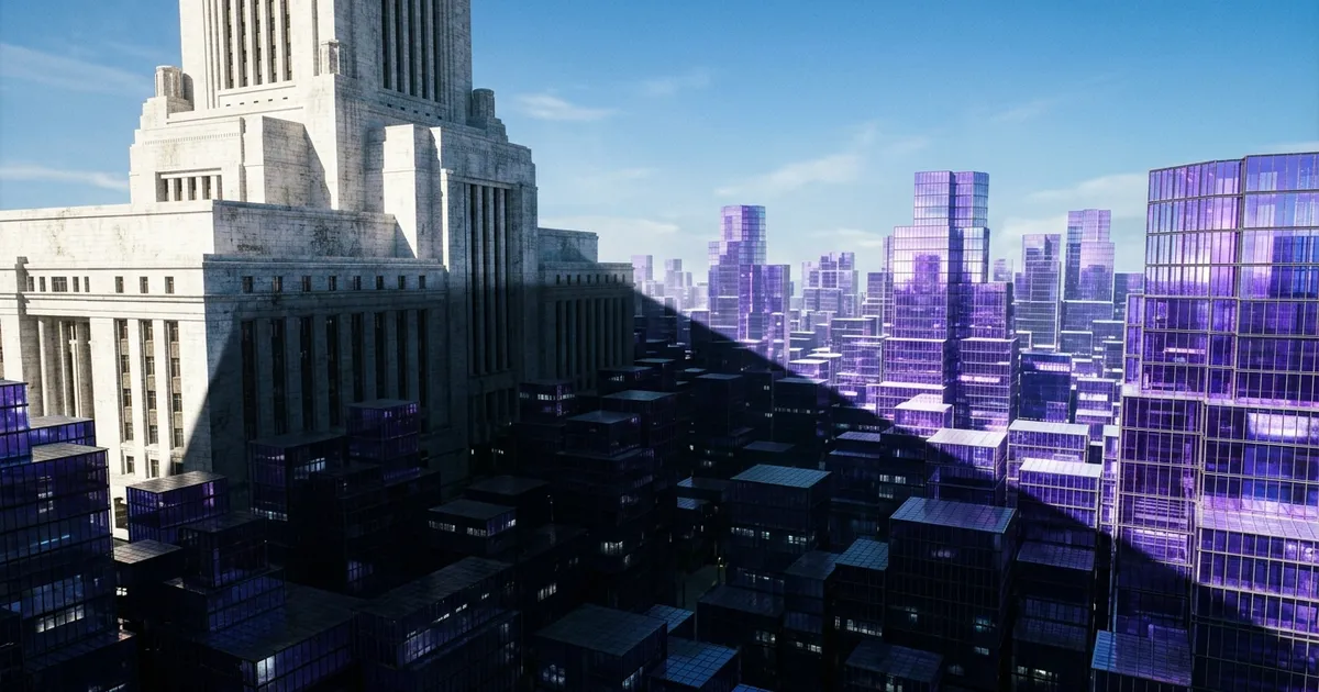 A massive stone government building casts a long shadow across a glowing glass district at midday.