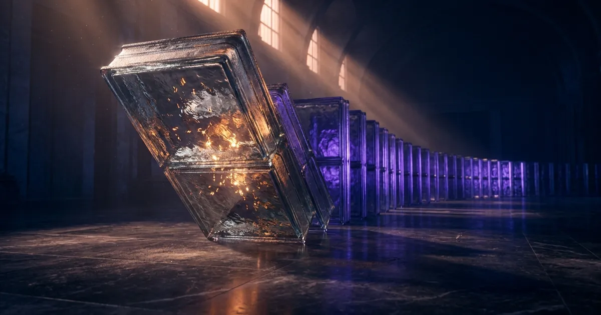 The first of a long line of glowing glass dominoes begins to tip, threatening the smaller ones behind it.