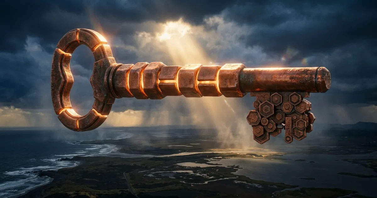 A giant copper key made of glowing linked blocks, with token-shaped teeth, hangs in storm light breaking through the clouds.