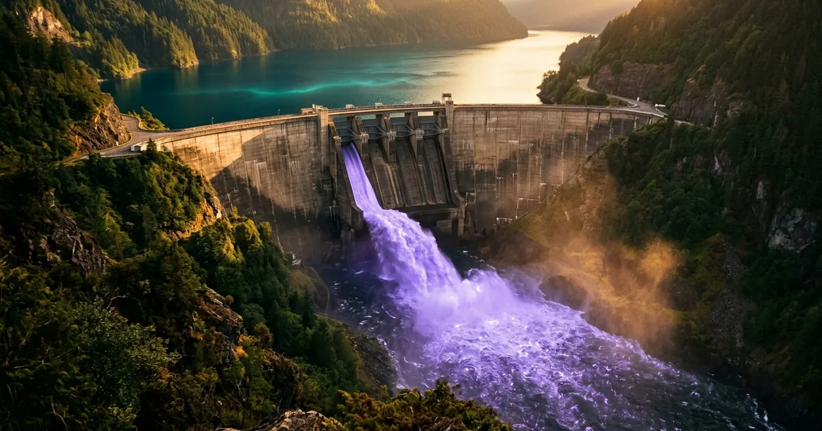 A dam's gates open one by one at golden hour, releasing glowing water into the gorge below.