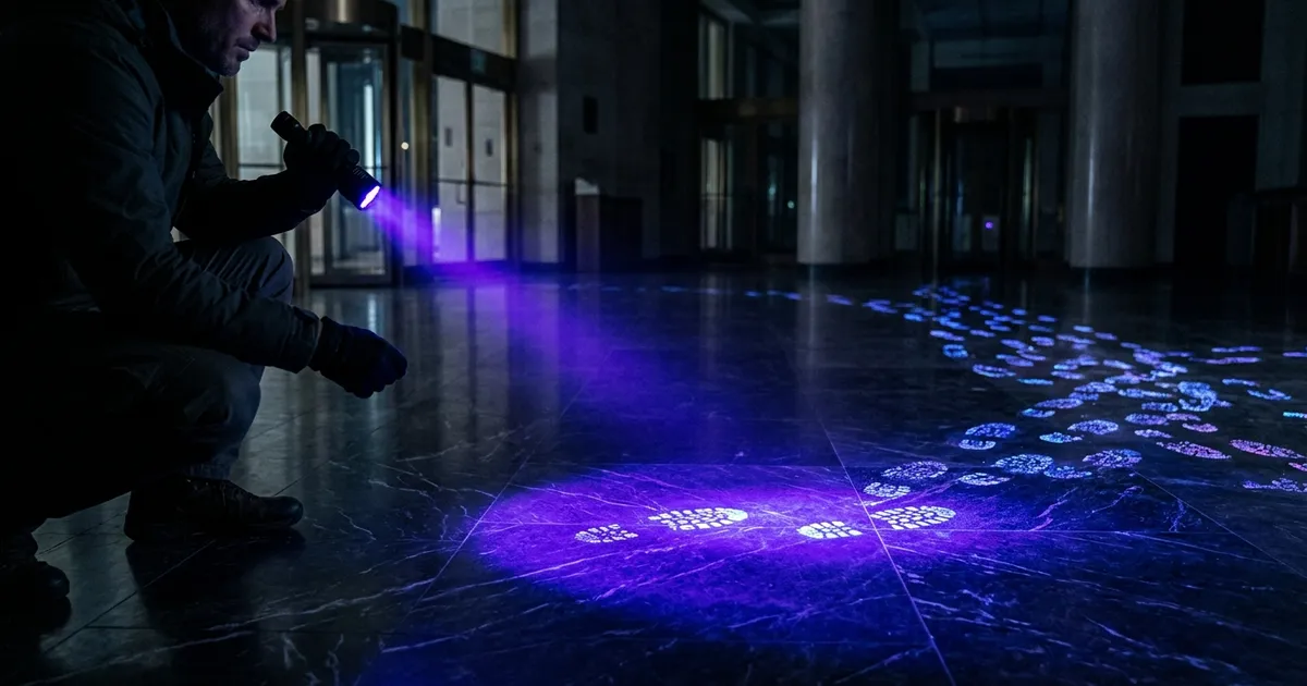An investigator's UV flashlight reveals glowing footprints showing where people really walked.