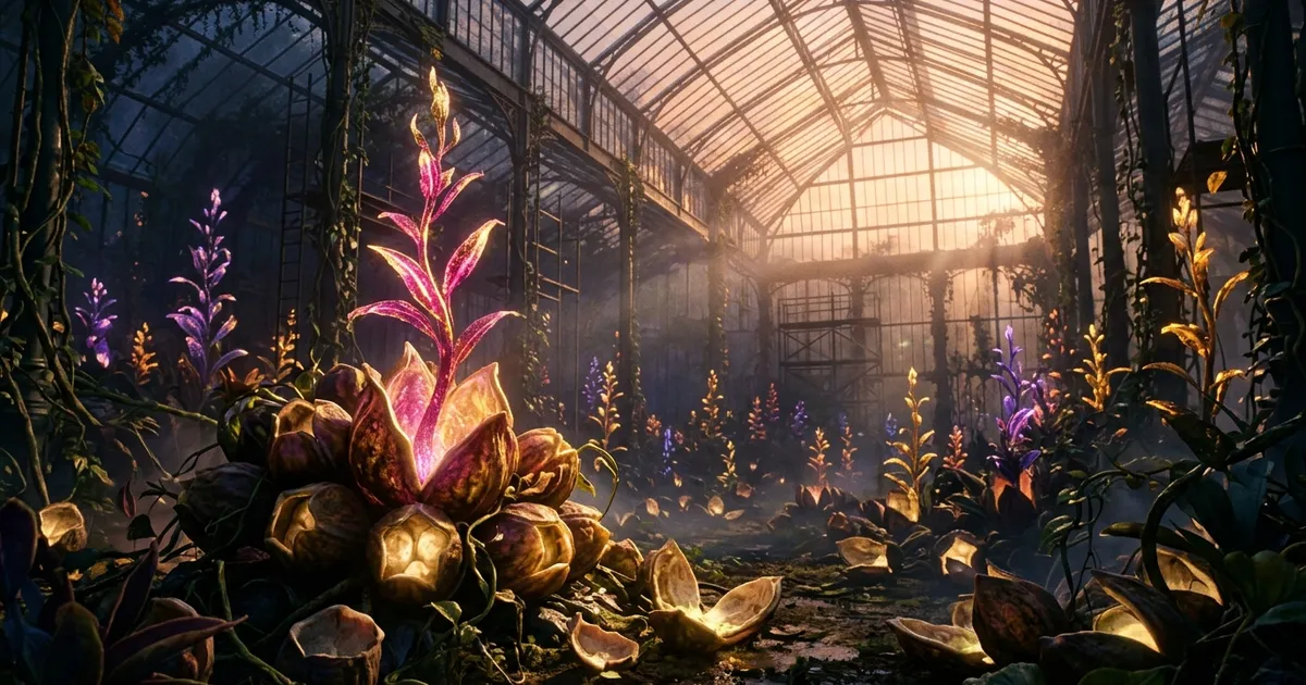 Hundreds of glowing seed pods sprout luminous plants inside a giant greenhouse at dawn.
