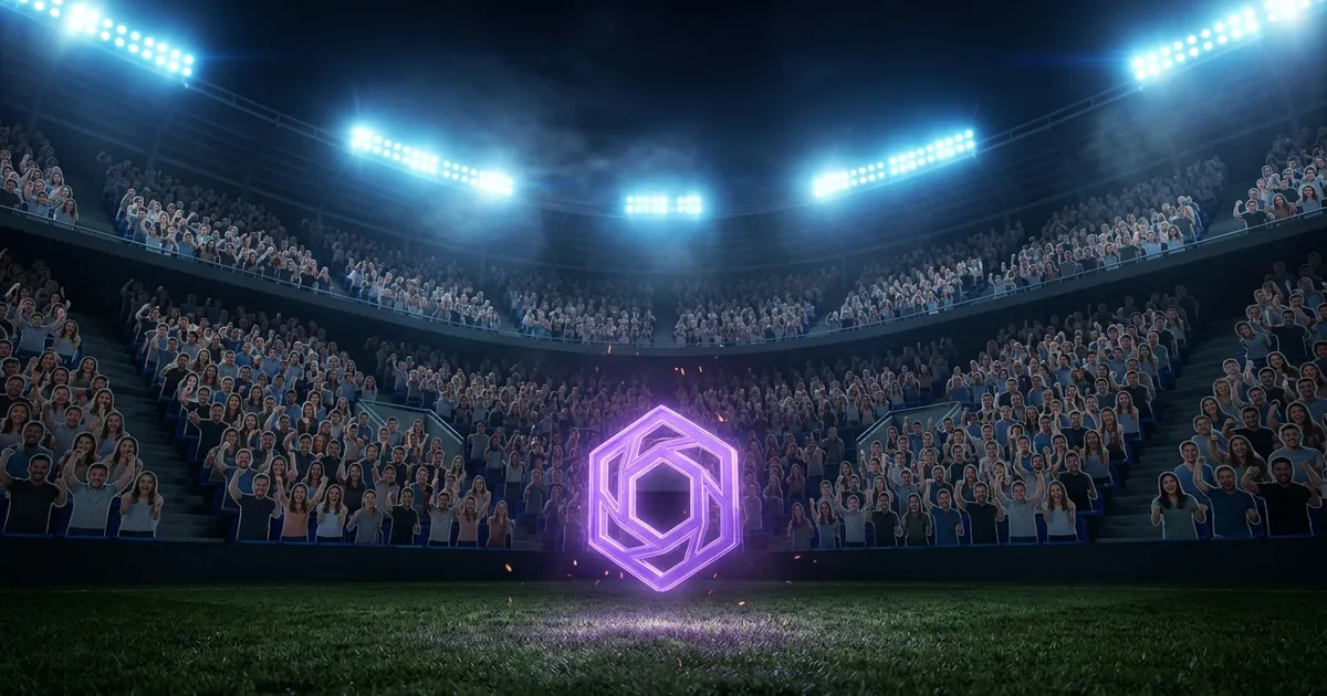 A packed stadium at night where every seat holds a cardboard cutout of the same two people, a glowing token above the field.