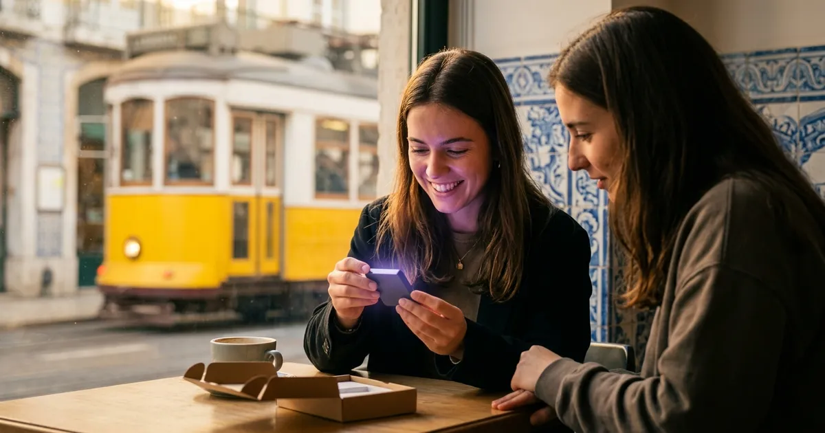 A young woman lifts her first hardware wallet out of its box at a Lisbon café, her face lit with delight.