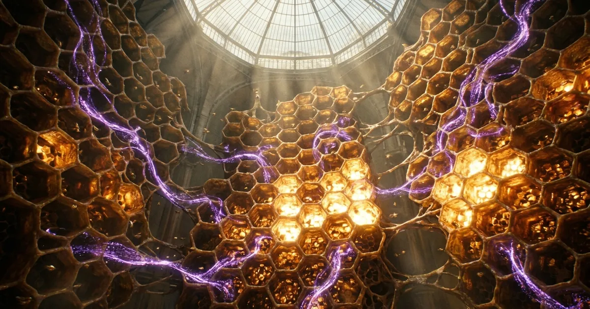 A cathedral-sized honeycomb of glowing cells, each a busy subnet, rises toward a sunlit roof.